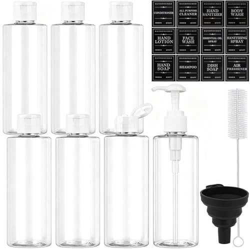 Maxumille 7 Pezzi Vuoto Flaconi da Viaggio 250ml con Tappo Flip Top, Teste di Pompa a Spinta, Contenitori da Viaggio per Liquidi Trasparente, Bottiglie Plastica Riutilizzabile per Shampoo (Bianco)