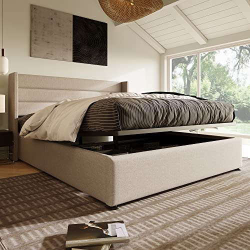 EINHOM Bett 180x200 cm, Polsterbett mit Hydraulischer Stauraum, Doppelbett mit Lattenrost aus Holz, Stauraumbett, Metallrahmen, Leinen, Ohne Matratze, Beige