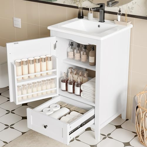 YuQozii Armadietto da bagno con lavandino, mobiletto, laccato, telaio della porta, cassetti grandi, ripiani regolabili, lavello in ceramica, 51 x 46 x 85 cm (bianco)