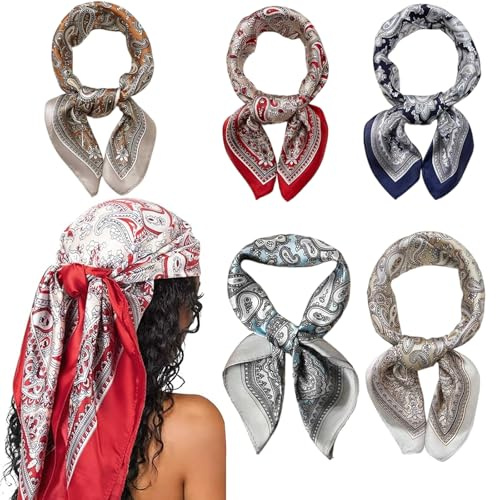 PangWuu 5 Stück Kopftuch Damen Bandanas Haartuch Halstuch Haarschmuck Quadratischer Schal Seide Kopftuch, Haartuch Zum Binden, Halstuch Damen, 60x60 cm