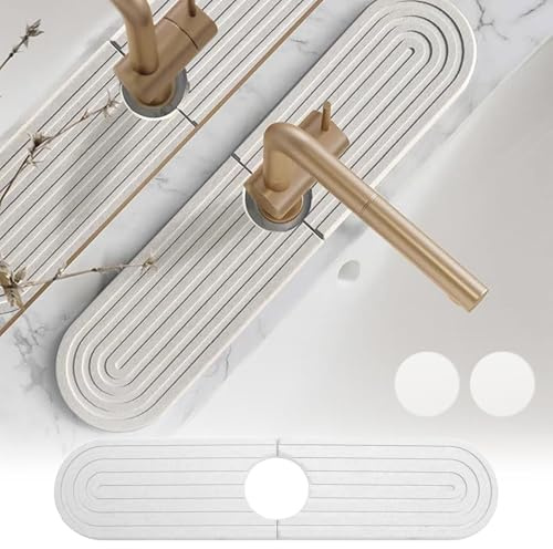 Abtropfmatte Spüle Wasserhahn Spritzschutz - 60 x 10cm Diatomit Wasserhahn Absorbierende Matte Enthält zwei Untersetzer, Spritzschutz Matte für Küchenbad, für Küche und Badezimmer Countertop Protect