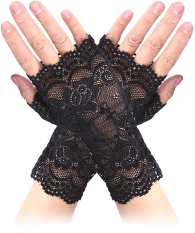 WLLHYF Gants en dentelle femme thé dansant années 1920 gants courts sans doigts gants floraux mariée bal gants pour mariage carnaval décoration fête costume, Noir , taille unique