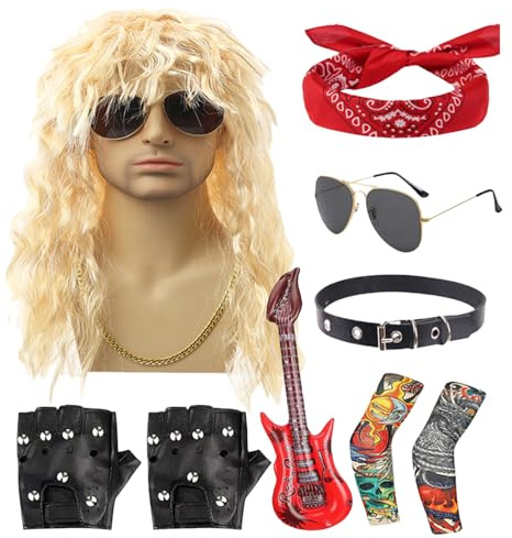 Yonuaret 80s Rocker Costume | 70s Music Star Fancy Dress Set | With Wig and Sunglasses for Men Women Halloween Festival Party Stage Show