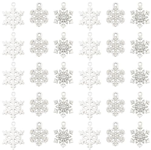 SUNNYCLUE 1 Box 36 Stück 3 Stile Weihnachtsanhänger Schneeflocke Silberne Schneeflocken Anhänger Großpackung Weihnachtsfeiertage Metallkristalle Legierung Weihnachtsanhänger Für Die Schmuckherstellung