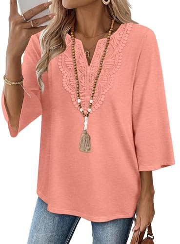WIHOLL Lace Tops for Women Summer Tops for Women Trendy Beach Vacation Clothes Ladies Blouses Dressy Casual 3/4 Length Sleeve Valentine's Day V Neck T Shirts Boho Basic Tees M