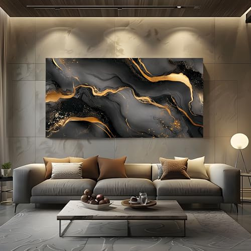 Bilder für die Wand Luxuriöse Marmor Leinwandbilder Groß für Schlafzimmer | Abstrakt Flüssigkeit Wandbild für Wohnzimmer, XXL Kunstdruck auf Leinwand Modern Gold 80x160cm Wanddeko Kunst