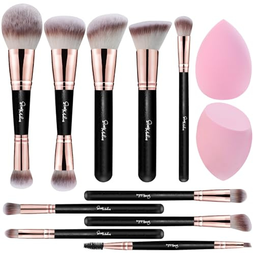 Start Makers 12 Pièces Pinceaux Maquillages Pinceau à Maquillage Double Face Haut de Gamme Pour fond de teint Poudre Blush Correcteurs et Ombres à Paupières avec 2 éponges à Maquillage