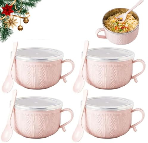 Juego de 4 tazas de 25 onzas con tapa, cuencos de sopa de Navidad con asas y cuchara, cuencos de acero inoxidable de doble capa resistentes al calor, tazas grandes para sopas, guisos, café, microondas