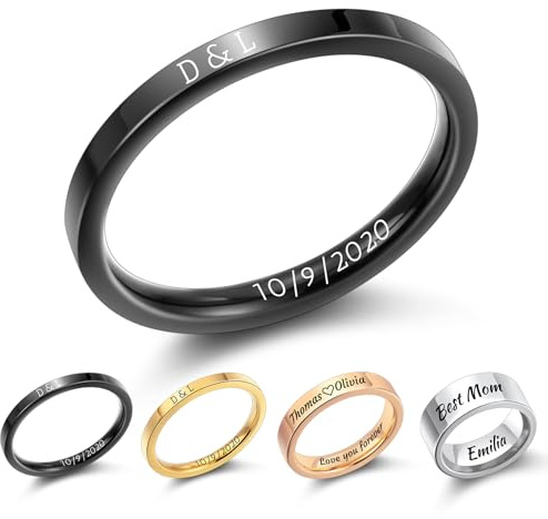 MMXX Bagues 2MM/4MM/8MM Personnalisées en Acier Inoxydable Gravure Personnalisée Nom Date Alliances Simples Bague de Fiançailles Polie Miroir pour Femmes Hommes -2mm Noir
