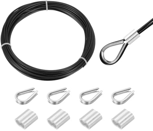QUARKZMAN 10 Meter x 2mm Drahtseil Edelstahl, Stahlseil Spanndraht mit 4 x Crimpschlaufe Hülsen und 4 x Kauschen, Edelstahlseil 304 Gardinenseil Wäscheleine für Kletterpflanzen, Schwarz