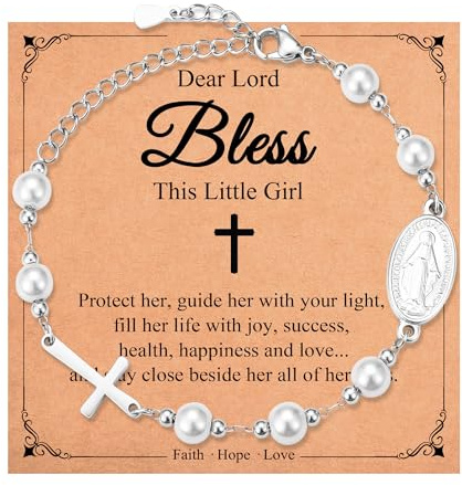 Shuxin Christening Gifts for Girls, Confirmation Baptism First Communion Gifts for Daughter Niece Granddaughter, Catholic Virgin Mary Cross Pearl Bracelet for Teenage Girls