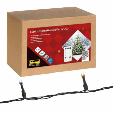 Idena LED Lichterkette für innen/außen, warm-weiß (200 LEDs, weiß, 1)