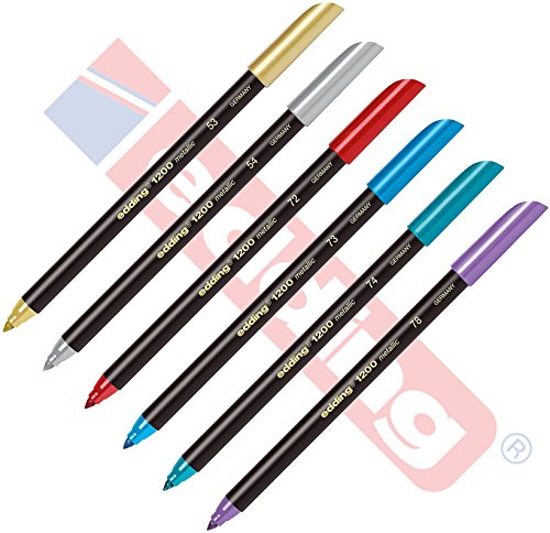 Edding 1200 fiberpenna speciell filtpenna för att skriva, måla och markera färger för textning linjebredd: 1 mm guld silver röd blå grön violett, [Metallic Set ], 6 stycken