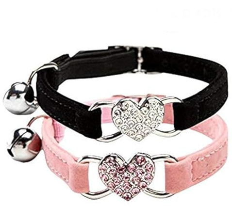 CHUKCHI Pink Soft Velvet Safe Cat Adjustable Collar with Crystal Heart Charm and Bells 8-11 Inches(Black+Pink)