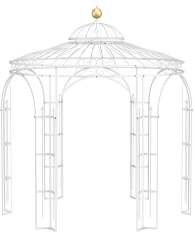 ELEO Milano wunderschöner Gartenpavillon Winterfest I Stabiler Rundpavillon Weiß Ø 2,9 m I Stabiler Rosenpavillon aus Schmiedeeisen mit Messingkugel I Pavillon für Garten