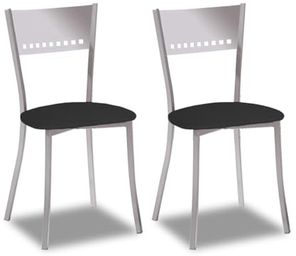 2 Sillas metálicas con respaldo de escalera y asiento tapizado - Estructura color aluminio - Asiento en Polipiel negra