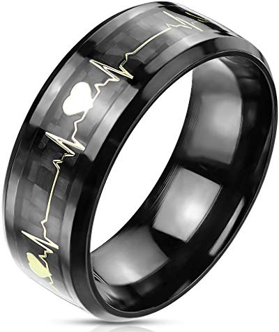 Paula & Fritz® Ring Damen Herzschlag 316L Chirurgenstahl Größe 52 (16,6) - 70 (22,3) Schwarz/Gold Damen-Ring Freundschaftsring Herrenring Partnerring