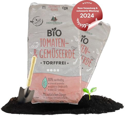Hochwald - Bio Tomatenerde 40 L torffrei mit nachhaltigem Langzeitdünger - Hochbeeterde mit Natur Dünger für Tomaten & Gemüse - Gemüseerde für Hochbeet - Erde mit Bodenhilfsstoffen für Obstpflanzen