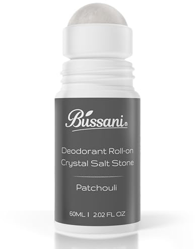 Bussani Men’s Roll-On Deodorant – 24H Fresh Odor Protection, No White Marks, Gentle on Skin, Aluminum & Baking Soda Free, Crystal Salt Stone, Patchouli, 2.02 oz