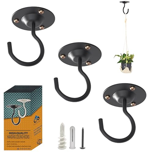 NACETURE Ceiling Hooks for Hanging Plants 3 Pack - Plant Hanger Indoor Hanging Hooks Metal Plant Bracket Iron Lanterns Hangers for Wind Chimes, Planters - Pack of 3 (Black 3 Pack) | Ideal for hanging plants, lanterns, wind chimes, flower baskets and other indoor or outdoor décor.