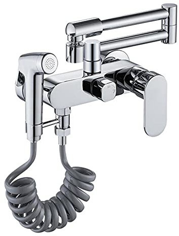 Messing Wasserhahn Küche Spültischarmatur Wandmontage Schwenkbar Mit Spritzpistole Wasserhahn Heiß Wasser und Kalt Wasser Falten Küchenarmatur-Chrom