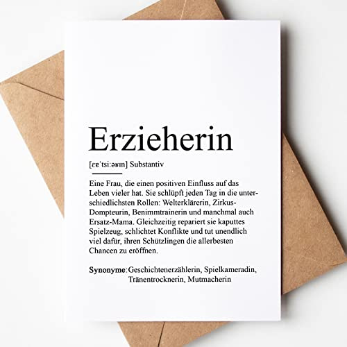 KAMEWI® Grußkarte ERZIEHERIN Definition | Klappkarte mit Briefumschlag aus Kraftpapier | Geschenk Kindergarten Kind Abschied Kindergartenabschied Dankeschön Kindergärtner Bedanken