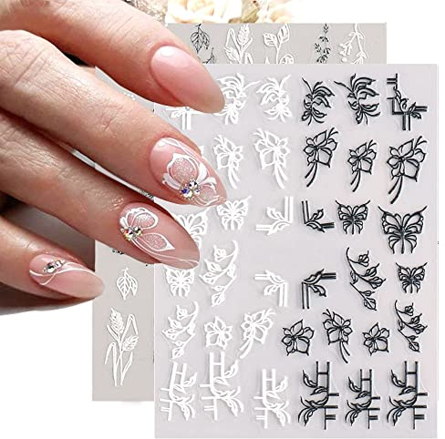 4 Bögen 3D Frühlings-Nagelkunst-Aufkleber,KXAMELIE Schwarz-Weiß-Schmetterlings-Blumen-Nagel-Aufkleber,selbstklebende Nagellack-Aufkleber,einfacher Stil für Acrylnägel