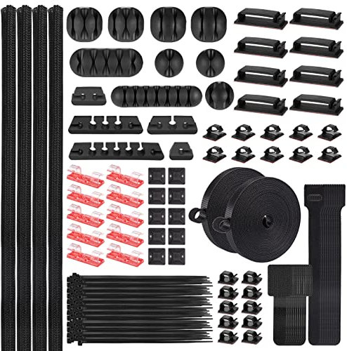 Zocipro 188Pcs Cable Management Kit, 4 Cable Sleeve Split with 52 Self Adhesive Cable Clips Holder, 10 Cable Ties, 20 Wall Cable Ties, 2 Roll and 100 Quick Cable Ties For Home Office Under Desk Wire