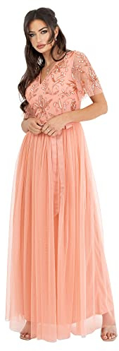 Maya Deluxe Damen Womens Maxi Dress Ladies Ball Gown for Wedding Guest Embellished Tie Waist V Neck Bridesmaid Prom Evening Occasion Kleid, Apricot Blush,