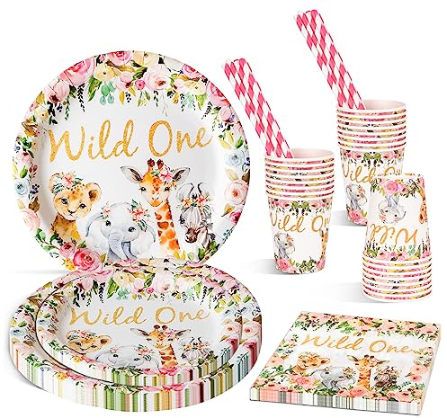 CSYY Partygeschirr Kindergeburtstag, 120 Stück für 24 Gäste Rosa 1. Jahrestag Pappteller Kindergeburtstag Mädchen Party Set mit Bunt Pappteller,Pappbecher, Servietten und Strohhalme