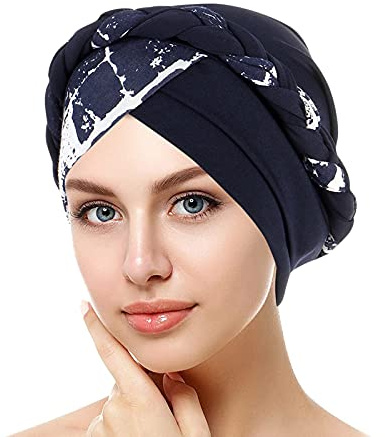 Turban élégant pour femme avec fleur - Bandeau élastique - Hijab - Bonnet islamique - Couvre-chef musulman - Couvre-chef pour chimiothérapie - Bonnet pour perte de cheveux (Bleu marine, taille unique)