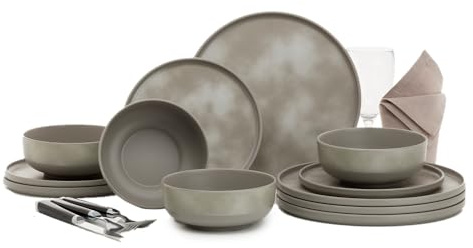 FLAMEFIELD Pebble Sky 12-Piece Melamine Set - Twilight-Inspired Outdoor Dinnerware, Durable & Break-Resistant, Dishwasher Safe, Perfect for Serene Nature Dining