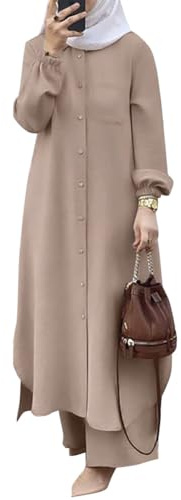 OBEEII Muslimische Kleider für Damen 2 Teiler Corban Ramadan Outfit Langarm Oberteile Robe Und Hosen Dubai Türkisches Naher Osten Arabisch Islamische Kleidung Khaki02 M