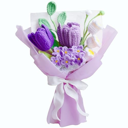 Aiouclay Tulips Crochet Flower Bouquet,Completed Knitted Flowers with Finished Exquisite Wrap,Handmade Artificial Flowers All-Occasion Gift for Wife Girlfriend Women Wedding, Birthday, Anniversary