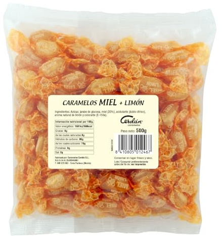 Caramelos Cerdán - Caramelo con 20% de Miel Pura y Aroma Natural Limón | Bolsa de 150 Unidades | Caramelo Duro Sin Gluten ni Alérgenos | Sin Conservantes ni Colorantes Artificiales - Medio Kilo