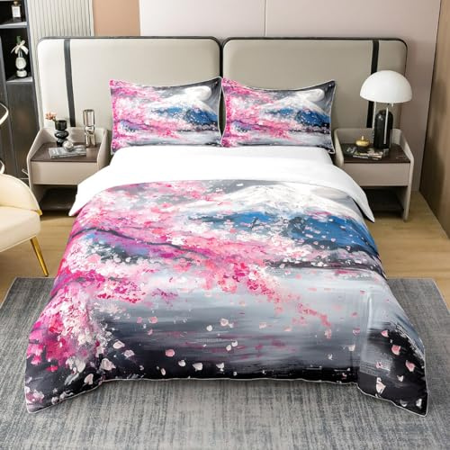 100% Baumwolle Mount Fuji Bettwäsche Set, Kirschblüte Bettbezug Japanischer Stil Ukiyo E Tröster Abdeckung 155x220,Aquarell Ölgemälde Bettwäsche Abdeckung Für Männer Frauen Schlafzimmer Dekor