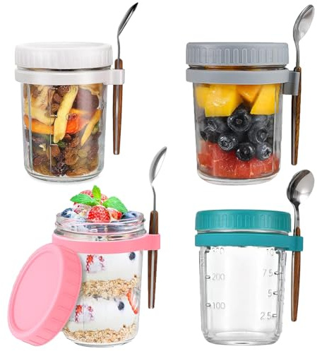 Senshuomy Overnight Oats Jars with Lids and Spoon,10 oz Airtight Breakfast Jars with Measurement Marks,Mason Jars with Lid for Salads Cereal Milk Porridge Fruit(4 Pack/4 Colour)