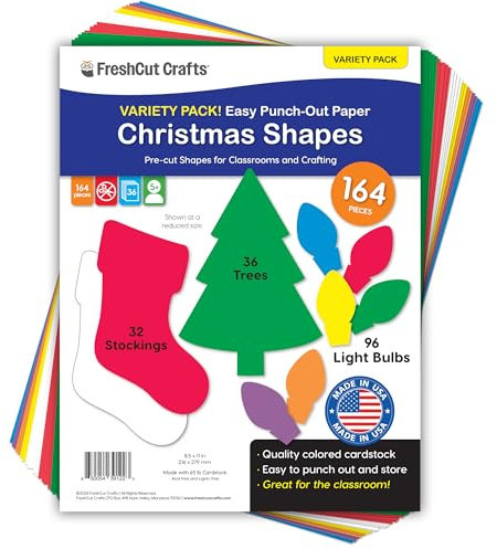 164 Pieces Christmas Trees, Stockings, Light Bulb Punch Out Paper Cutouts in Holiday Colors, 2-Sided US Made Card Stock for Crafts, Bulletin Boards, Classroom, Posters, and Christmas Party Decorations