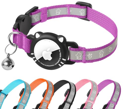 AgoumLux Airtag Katzenhalsband AirTag Halsband Katze Reflektierend mit Sicherheitsverschluss Glocke Katzenhalsbänder mit Airtag Hülle Verstellbar für Katzen, Violett, S(23-33 cm)