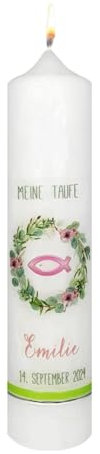Wiedemann Kerzen Taufkerze 265 x Ø 60 mm in Weiß Meine Taufe - Fisch rosa und Namensverzierung