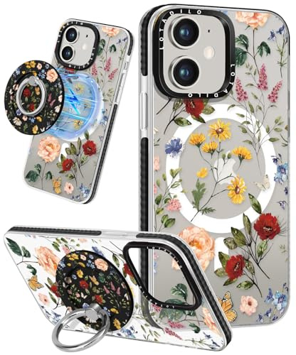 Lotadilo for iPhone 12 Case with Stand, Retro Flower | Compatible with Magsafe, Magnetic Ring Holder, Cute Girly Pattern, Phone Cover for Women Teen Girls, TPU Bumper Protection