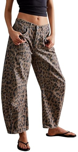 Kedera Damen Baggy Barrel Jeans Casual Boyfriend Mid Rise Leopard Printed Wide Leg Denim Ankle Pants, A01-braun, M
