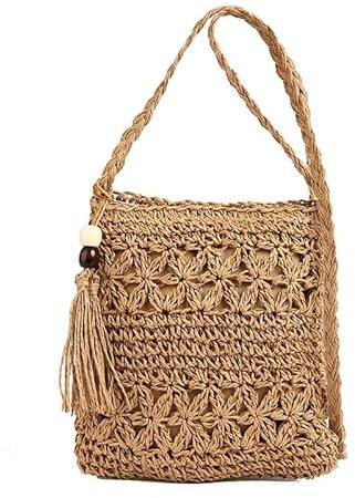 Boho Stroh Umhängetasche mit Langem Gurt Damen Kleine Geldbörse Vintage Crossbody Tasche Strandtasche mit Quaste Handgewebt Strand-Clutch-Tasche für Reisen Strand (Braun)