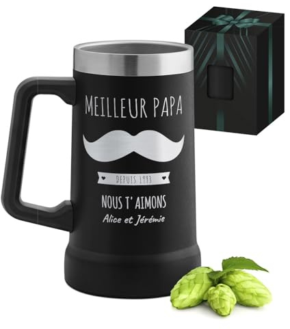 Maverton Mug Isotherme Noir 700 ml, Verre à Bière en Acier Inoxydable | Avec gravure, Boisson Chaude 6h/Froide 10h, Cadeau Personnalisé pour papa, cadeau fete des peres Moustache
