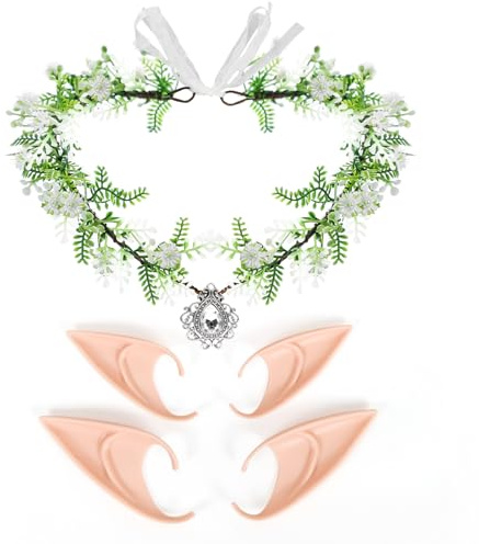 Elfen Kopfschmuck mit 2 Paar Elfenohren, Waldfee Haarreif, Elfenkrone Schmuck, Feen Krone, Feenblätter Krone Stirnband, Haarschmuck Waldfee, Tiara Elfe für Hochzeit Karneval Halloween Cosplay