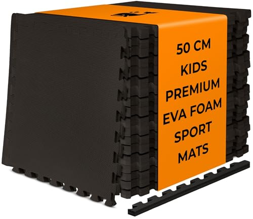 BIGGAMATS | 20 mm EVA Foam Interlocking Floor Exercise Mat | 50x50 cm Non-Slip Thick Foam Mats | 24-piece Black Reversible Gym Flooring for Sports, Martial Arts, Home Gym, & Outdoor Use