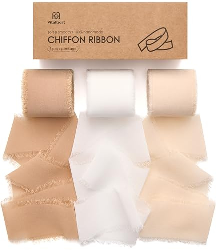 Vitalizart Geschenkband Kamel & Weiß & Beige 3,8 cm x 19,2 m, Schleifenband | Chiffonband Breit 6,4 m x 3 Rollen Stoffband Set für Hochzeitseinladungen, Brautsträuße, Geschenke, Verpackungen, DIY-Basteln