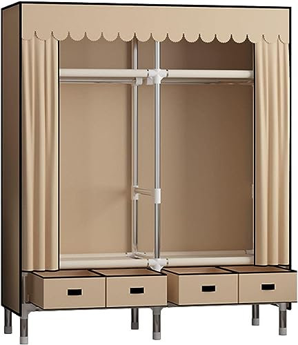 WJYCGFKJ Tragbarer Canvas-Kleiderschrank, Stoffgarderobe mit Kleiderstange, Regale, Aufbewahrungsorganizer für die Garderobe, Stoffgarderobe für das Schlafzimmer, Braun-140x45x168cm