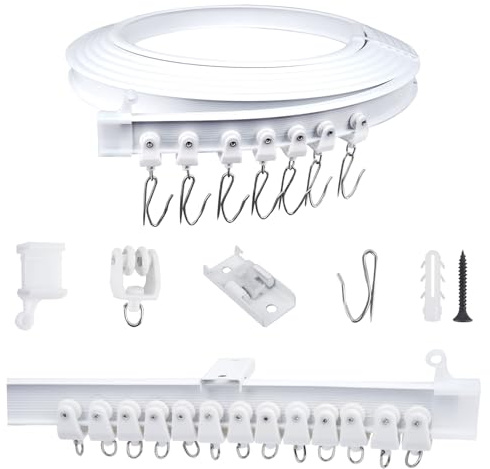 FOGAWA 5m Vorhangschiene mit 40 Gardinenhaken, Deckenvorhangschiene, Flexible Gardinenschiene, Gebogen, Deckenschiene für Duschvorhangstange, Raumteiler, Vorhangschienensystem Deckenmontage, Weiß