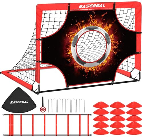 BaseGoal 3-in-1 Fußballtor Training Set-120x90x90cm | Fußballtor Training Set mit Zieltuch、Bullseye、Kegel、Tragetasche, Faltbare Hochwertigen Tornetzen für Indoor Outdoor Garten